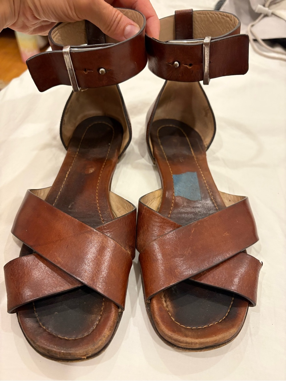 Brown Leather Cross-Strap Ankle-Buckle Sandals